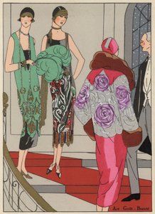 Avondkleding voor dames uit de jaren 1920 van ontwerpers Edward Molyneux en Martial en Amand (kleurenlitho)
