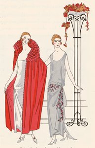 Avondkleding voor dames uit de jaren 1920 van modeontwerper Premet (kleurenlitho)