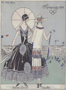 Damesmode op de Olympische Spelen van 1924 door ontwerpers Jeanne Lanvin en Georges Doeuillet (kleurenlitho)