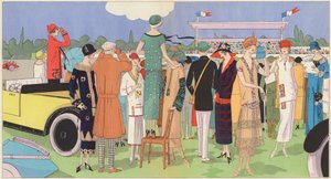 Damesmode tijdens de races van ontwerpers Jeanne Lanvin, Jean Patou, Premet, Georges Doeuillet (kleurenlitho)