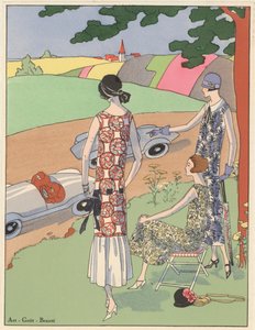 Damesmode uit de jaren 1920: kijken naar sportwagenraces (kleurenlitho)