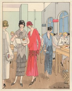 Damesmode uit de jaren 1920 van ontwerpers Jean Patou en Georges Doeuillet (kleurenlitho)