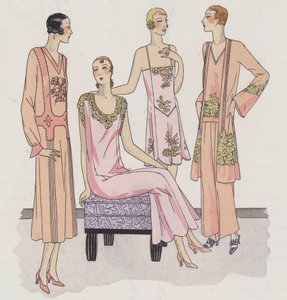 Dameslingerieontwerp uit de jaren 1930 van ontwerpers Redfern en Rouff (kleurenlitho)