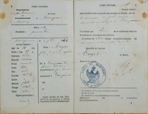 Arbeidershandboek uitgegeven door Mairie van Dampmart aan Felix Auger (geb. 1850), 1864