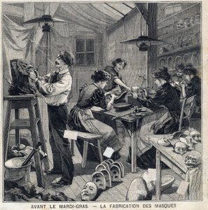 Werkplaats voor het maken van maskers voor de verkleedpartijen van het Mardi Gras-festival. In 