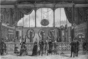 Wereldtentoonstelling van 1867: gaswaterapparaten uitgevonden door Hermann Lachapelle en Glover. Gravure in "Le Monde Illustré" n°578 van 9 mei 1868.