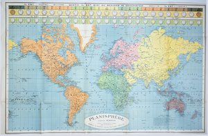 Wereldkaart van de verschillende tijdzones, gepubliceerd door Blondel La Rougery in Parijs c.1920