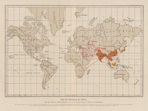 Wereldkaart die de verspreiding van cholera toont door French School