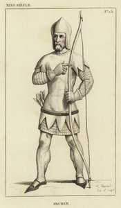 XIV Eeuw, Boogschutter (gekleurde gravure) door French School