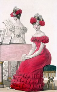 Jonge vrouw in een crêpe avondjurk met een uitgebreide hoofdtooi, advertentie in Modes de Paris, c.1825
