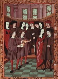 Jong stel luistert naar muzikanten, afbeelding uit een Frans manuscript door French School