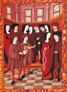Jong stel luistert naar muzikanten, afbeelding uit een Frans manuscript door French School