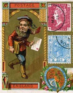 Jonge postbode met zijn brievensak die een brief bezorgt in Victoriaans Engeland, eind 19e eeuw door French School