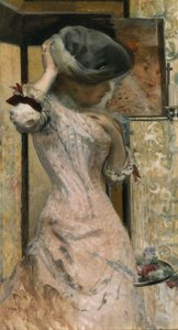 Jonge vrouw voor de spiegel, ca. 1879-83 (olieverf op doek) door French School