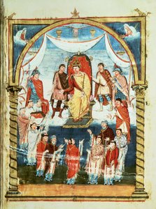 ds Lat 1 fol.423r Koning Karel II ontvangt een Bijbel van Graaf Vivian en de Monniken van Saint-Martin de Tours, uit de Eerste Bijbel van Karel de Kale, ca. 843-51