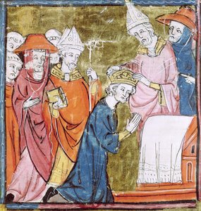 f.106r De kroning van keizer Karel de Grote (742-814) door paus Leo III (ca. 750-816) in St. Pieter, Rome in 800, Grandes Chroniques de France, 1375-79 door French School