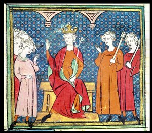 f.14v Childerik II (ca. 653-73), Merovingische koning van Austrasië, uit de Grandes Chroniques de France, 1375-79