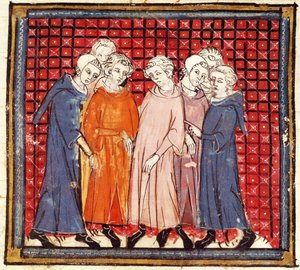 Edelmannen samenzwerend tegen koning Lodewijk de Vrome, uit de Grandes Chroniques de France, 1375-79 door French School