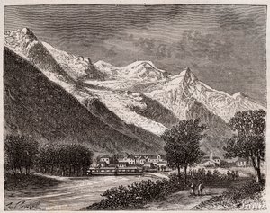 de vallei van Chamonix en de Mont Blanc - gravure in 