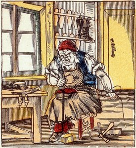 beroep: schoenmaker die een zool repareert, eind 19e eeuw
