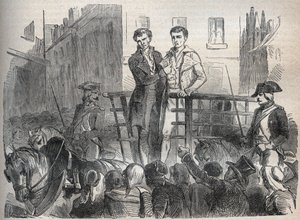 De Lyonse postaffaire: Joseph Lesurques en Couriol gaan naar de guillotine op 3 oktober 1796 (gravure in 