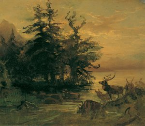 Herten die zich baden aan de oever van een bergmeer door Friedrich August Mathias Gauermann