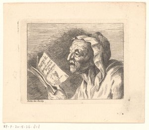 Buste van een oude vrouw met een liedboek in haar handen