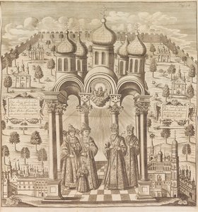 Feodor III, Peter I, Ivan V en Patriarch Adrian I. Uit Das veraenderte Russland door Friedrich Christian Weber