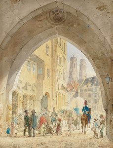 München - Uitzicht vanaf het oude stadhuis op de torens van de Frauenkirche door Friedrich Eibner