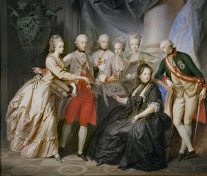 Keizerin Maria Theresia omringd door haar kinderen in weduwenkruid na de dood van haar echtgenoot, keizer Frans Stefan ... (schilderij op doek) door Friedrich Heinrich Fuger