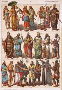 Kostuums van Assyriërs en Babyloniërs, door Friedrich Hottenroth, lithografie, Assyrisch-Babylonische beschaving door Friedrich Hottenroth