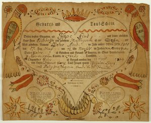 Geboorte- en doopcertificaat, ca. 1790-1800 (oxgall inkt, aquarel en gravure op geperst papier)