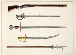 Wapens inclusief zwaarden en speren, ca. 1400, plaat uit A History of the Development and Customs of Chivalry, door Dr. Franz Kottenkamp, uitgegeven door Carl Hoffmann, 1842 door Friedrich Martin von Reibisch