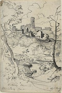 Italiaanse stad met rivier (recto); stadsgezicht (verso) door Friedrich Nerly