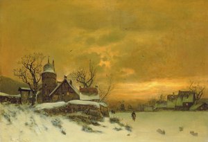 Winterlandschap met uitzicht op gebouwen in de avond