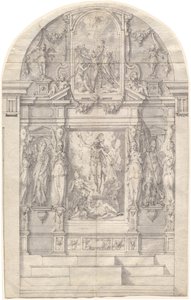 Een uitgebreid altaar met de opstanding van Christus en het martelaarschap van Sint-Andreus door Friedrich Sustris