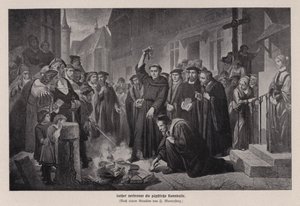 Maarten Luther verbrandt de pauselijke bul in Wittenberg, Duitsland