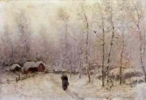 Vrouw met kind in winterlandschap door Frithjof Smith Hald