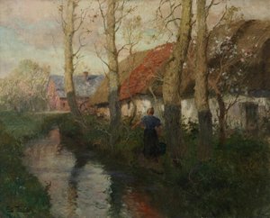 Een rivier in Normandië met een vrouw die water draagt door Frits Thaulow