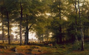 Een bebost landschap met een koeherder