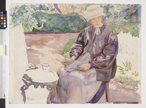 De vrouw van de kunstenaar, schilderes Anna Syberg, in de tuin van de smid