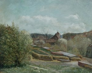 Landschap met ziekenhuis Oslo, ca 1880 (schilderij)