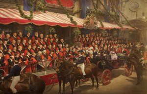 Koning Edward VII verleent de ridderorde aan wethouder Edward B. James in het raadhuis, 9 juli 1908 door Fritz von Kamptz