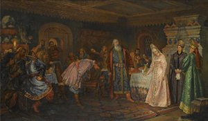 De kusceremonie. Boyar Morozov, zijn vrouw Yelena en prins Serebrenni