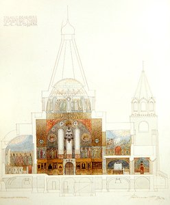 Ontwerp voor de kerk van Balakovo, interieurzicht door Fyodor Shekhtel