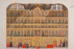 Het iconostase in de Kathedraal van de Ontslapenis in het Kremlin van Moskou door Fyodor Solntsev