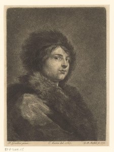Portret van een onbekende jongeman met bontmantel en bontmuts door G.B. Rössel