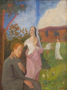 Decoratief schilderij. Het visioen van Sint Franciscus met de drie witte maagden