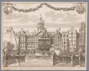 Menigte op de Dam in Amsterdam viert de afkondiging van Willem IV als stadhouder door G.J. Marstaller