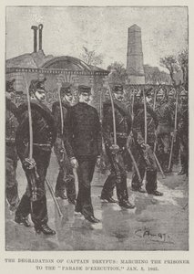 De degradatie van kapitein Dreyfus, de gevangene marcheren naar de Parade d